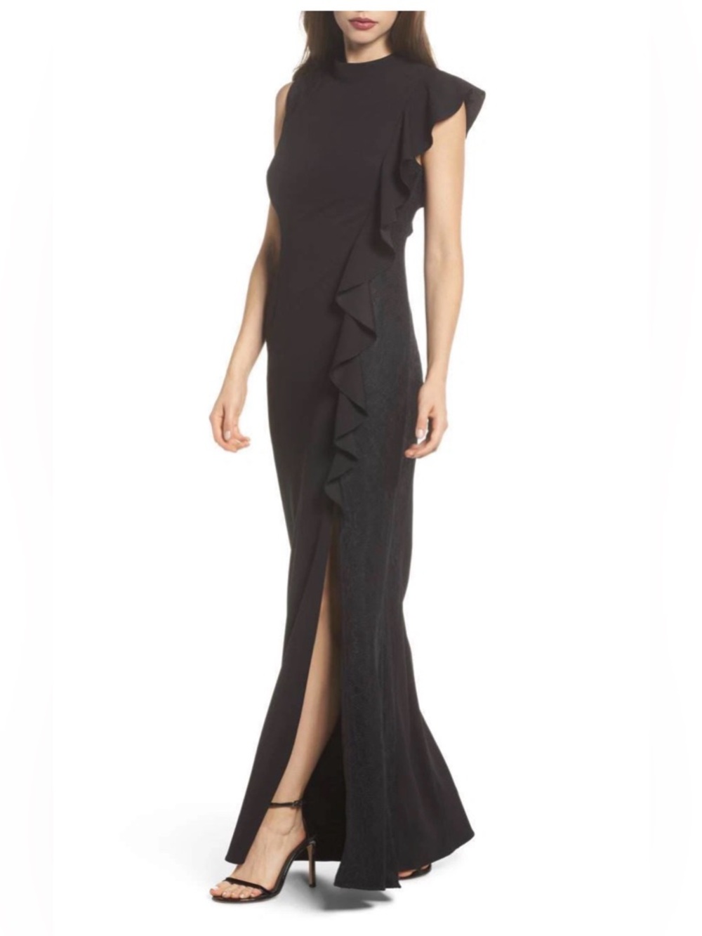 Adrianna Papell Black Ruffle-Trim High-Neck Maxi Dress